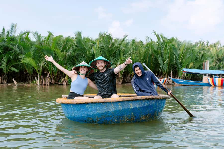 BUFFALO RIDING -BASKET BOAT & BIKE TOUR-HOI AN - The nipa palm forest and round bamboo boats