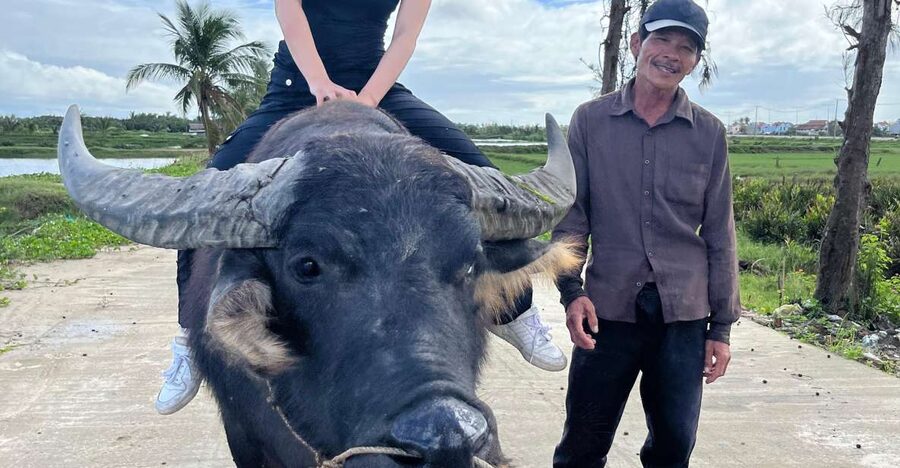 Funny day cycling, Buffalo riding and Basket boat - Meeting the farmer and riding the water buffalo